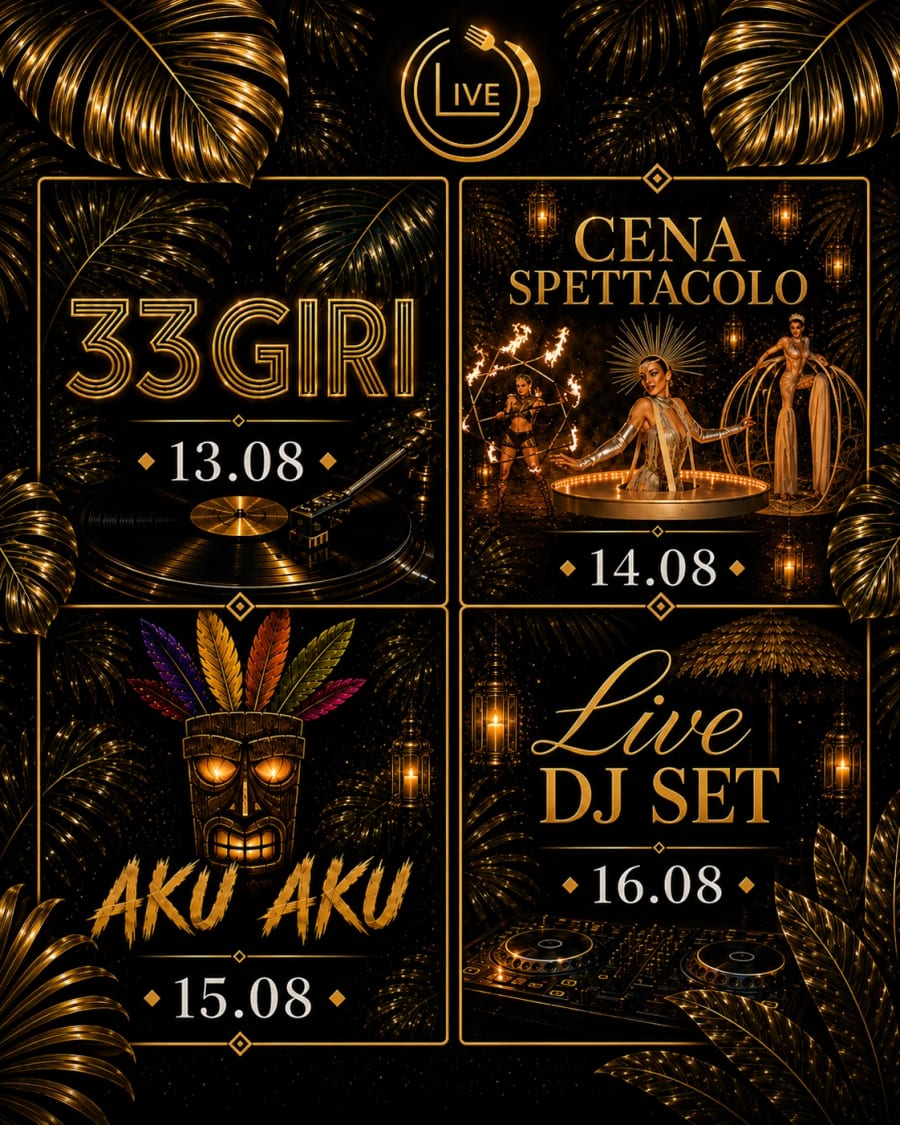 Recap eventi della settimana: giovedì 13.08 33 Giri, venerdì 14.08 Cena Spettacolo, sabato 15.08 Aku Aku, domenica 16.08 Live DJ Set